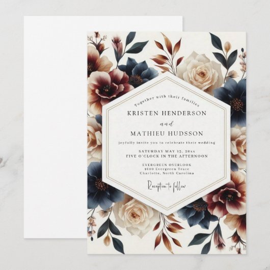 Indigo Russet Painterly Bloom Wedding 招待状 (正面/裏面)