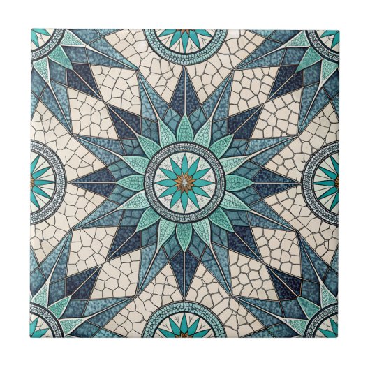 Indigo Teal Compass Mosaic – Stained Glass タイル (正面)