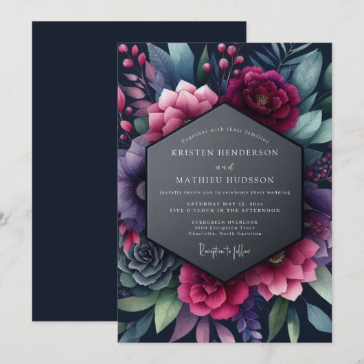 Indigo Vespertine Bloom Wedding 招待状 (正面/裏面)