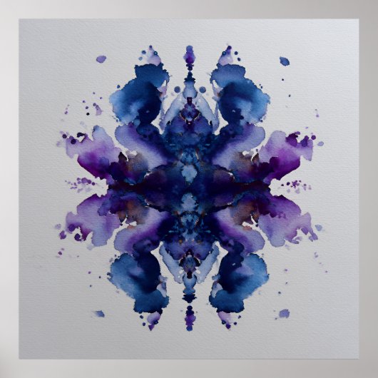 Indigo Violet Symmetrical Watercolor Mandala ポスター (正面)