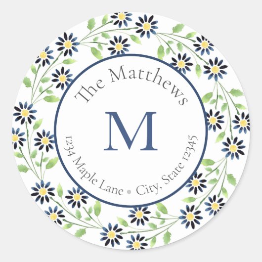 Indigo Waterカラーデイジー離れのラベル ラウンドシール (正面)