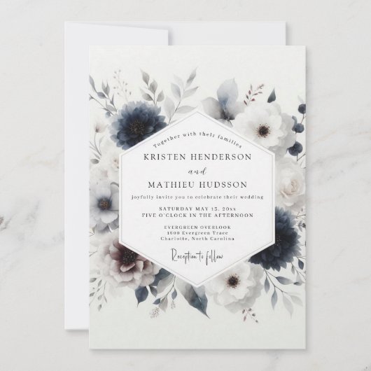 Indigo Winter Floral Wedding 招待状 (正面)
