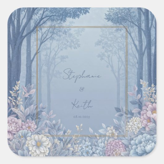 Indigo Woodland Lavender Peony Gold Frame Wedding スクエアシール (正面)