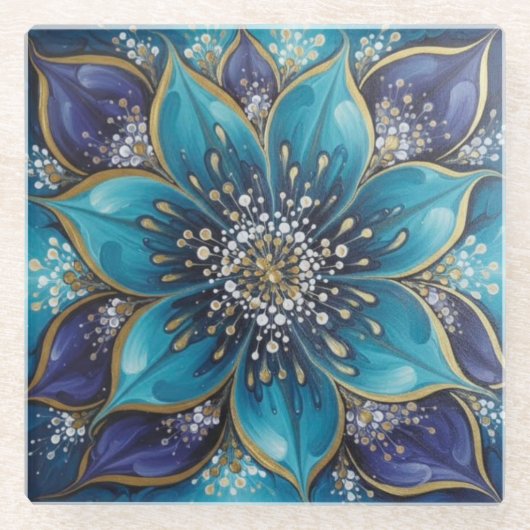 IndigoTealFloralMandala  ガラスコースター (正面)