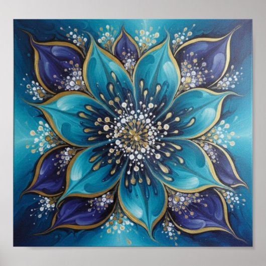 IndigoTealFloralMandala ポスター (正面)