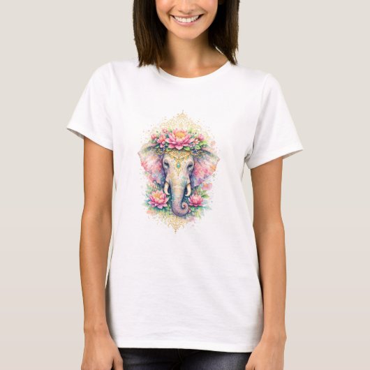 Indischer Frühling - Elefant mit Lotus & Gold Tシャツ (正面)