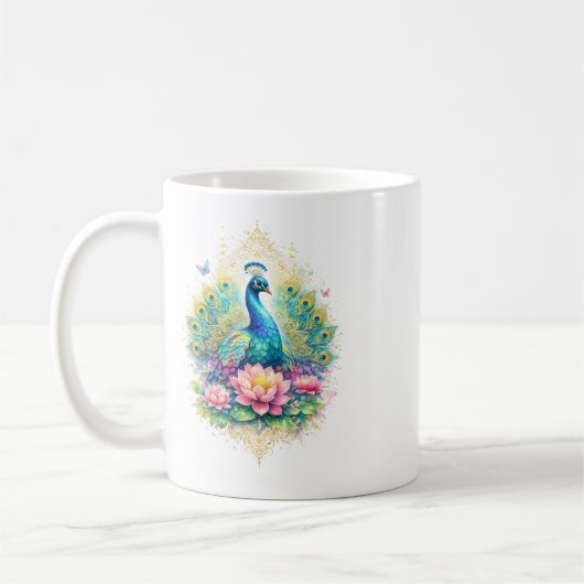 Indischer Frühling - Pfau mit Lotus コーヒーマグカップ (左)