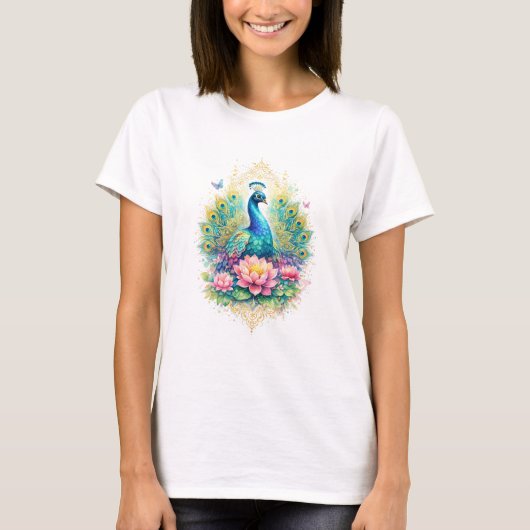 Indischer Frühling - Pfau mit Lotus & Gold Tシャツ (正面)
