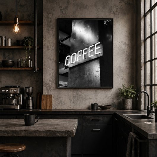 Industrial Black and White Neon Coffee Sign Poster ポスター