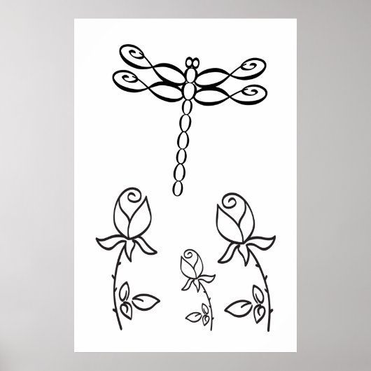Infinity Dragonfly with Roses Black and White ポスター (正面)