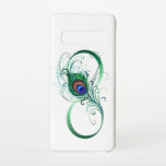 Infinity Symbol with Peacock Feather Samsung Galaxy S10ケース<br><div class="desc">The symbol of infinity with a bright,  green,  artistic peacock feather on a white background. Tattoo style.</div>