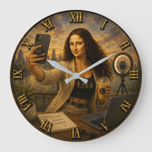 Influencer Funny Mona Lisa Social Media Creator ラージ壁時計 (正面)
