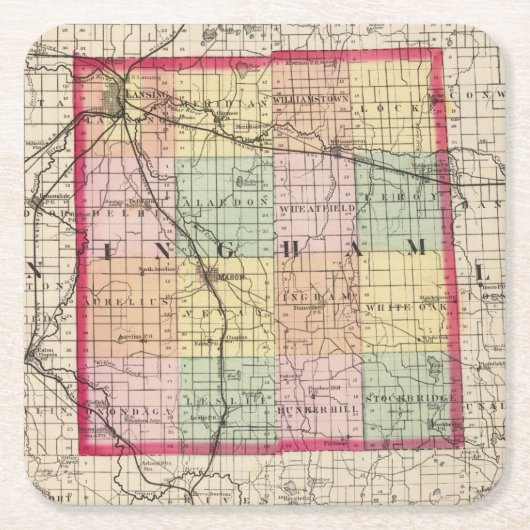Ingham郡、ミシガン州の地図 スクエアペーパーコースター (正面)