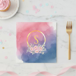 Initial Birthday Napkins Pink Watercolor Ombre  スタンダードカクテルナプキン