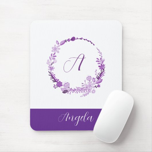 Initial Letter Monogram Elegant Chic Purple Floral マウスパッド (マウス)