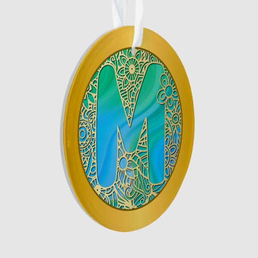  Initial Monogram M Christmas - Gold, Teal & Blue オーナメント (正面)
