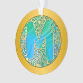  Initial Monogram M Christmas - Gold, Teal & Blue オーナメント (正面)