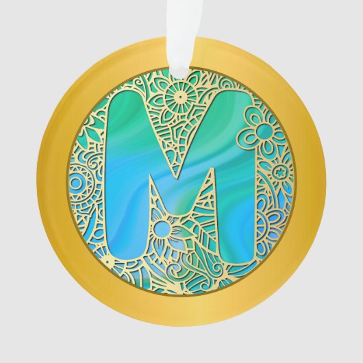  Initial Monogram M Christmas - Gold, Teal & Blue オーナメント (正面)