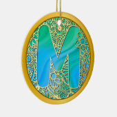 Initial Monogram M Christmas - Gold, Teal & Blue セラミックオーナメント (右)