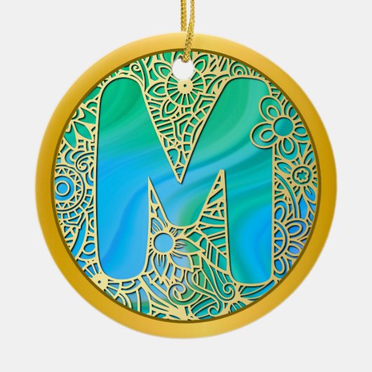 Initial Monogram M Christmas - Gold, Teal & Blue セラミックオーナメント (正面)