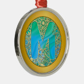  Initial Monogram M Christmas - Gold , Teal & Blue メタルオーナメント (右)