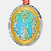 Initial Monogram M Christmas - Gold , Teal & Blue メタルオーナメント (左)