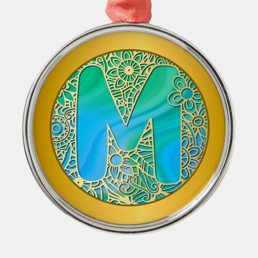  Initial Monogram M Christmas - Gold , Teal & Blue メタルオーナメント (正面)