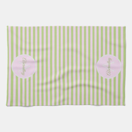 Initial Monogram & Name Pastel Pink Green Striped キッチンタオル (横)