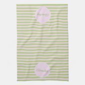Initial Monogram & Name Pastel Pink Green Striped キッチンタオル (縦)