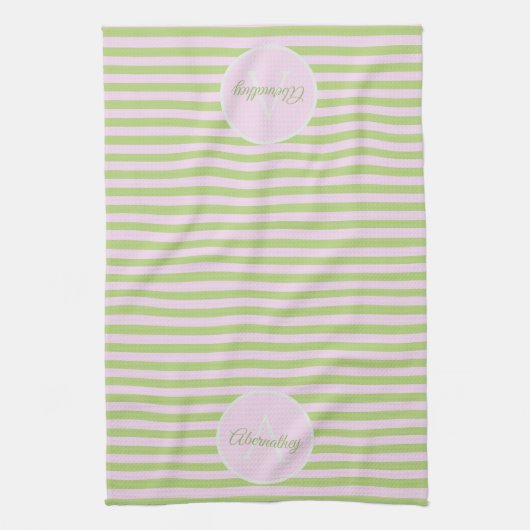 Initial Monogram & Name Pastel Pink Green Striped キッチンタオル (縦)