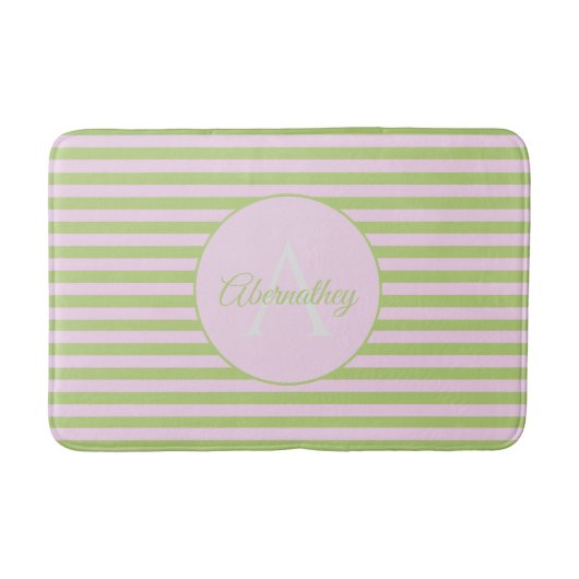 Initial Monogram & Name Pastel Pink Green Striped バスマット (正面)