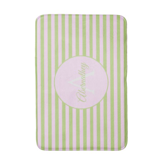 Initial Monogram & Name Pastel Pink Green Striped バスマット (正面縦)