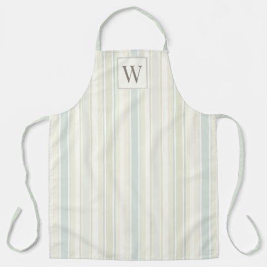 Initial Neutral Dusty Blue Stripe Rustic Farmhouse エプロン (正面)