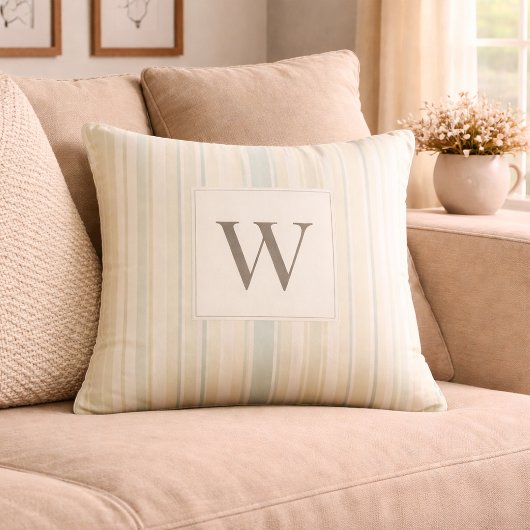 Initial Neutral Dusty Blue Stripe Rustic Farmhouse クッション