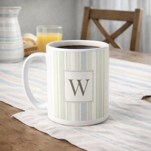 Initial Neutral Dusty Blue Stripe Rustic Farmhouse コーヒーマグカップ