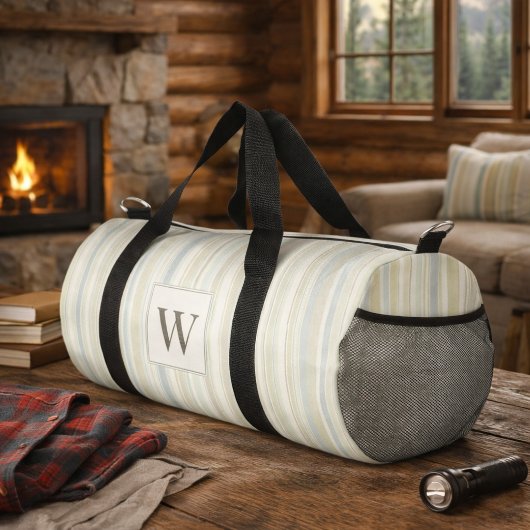 Initial Neutral Dusty Blue Stripe Rustic Farmhouse ダッフルバッグ