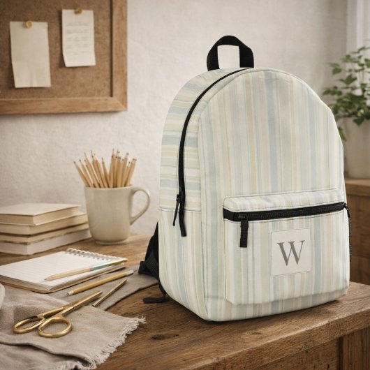 Initial Neutral Dusty Blue Stripe Rustic Farmhouse プリントバックパック