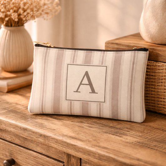 Initial Rustic Farmhouse Striped Beige & Taupe アクセサリーポーチ