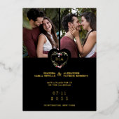 Initials Elegant Floral Red Heart 2 Photos Black 箔招待状 (正面)