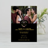 Initials Elegant Floral Red Heart 2 Photos Black 箔招待状 (立ち正面)