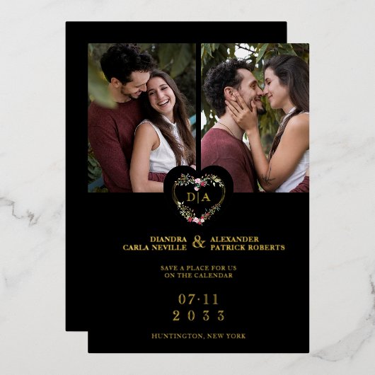 Initials Elegant Floral Red Heart 2 Photos Black 箔招待状 (正面/裏面)