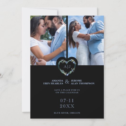 Initials Floral Blue Heart 2 Photos on Black セーブザデート (正面)