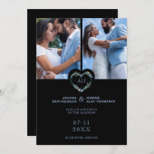 Initials Floral Blue Heart 2 Photos on Black セーブザデート (正面/裏面)