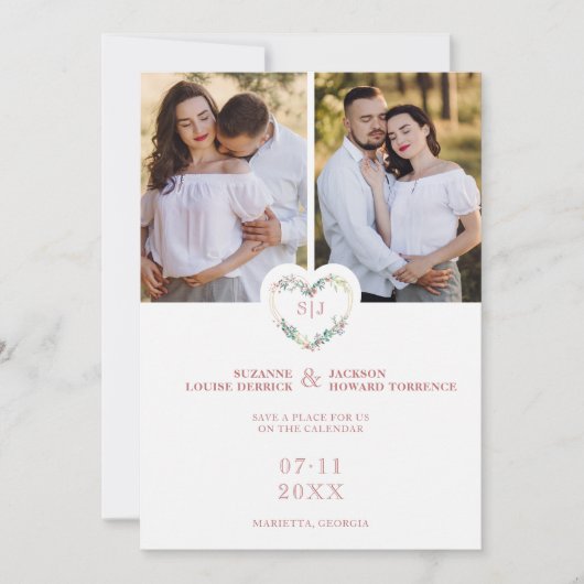 Initials Floral Pink Heart 2 Photos on White セーブザデート (正面)