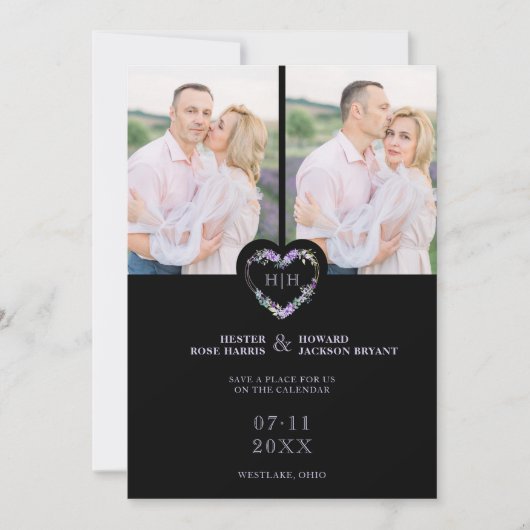 Initials Floral Purple Heart 2 Photos on Black セーブザデート (正面)