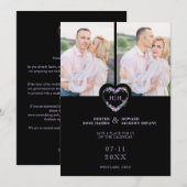 Initials Floral Purple Heart 2 Photos on Black セーブザデート (正面/裏面)