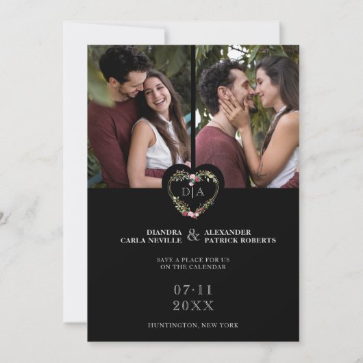 Initials Floral Red Heart 2 Photos on Black セーブザデート (正面)