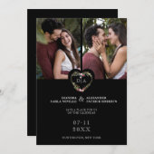 Initials Floral Red Heart 2 Photos on Black セーブザデート (正面/裏面)