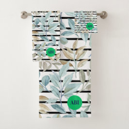 Initials girly pastel Botanical Blue Stripes Chic バスタオルセット