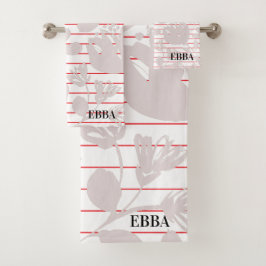 Initials pretty red stripes pink flowers girly バスタオルセット